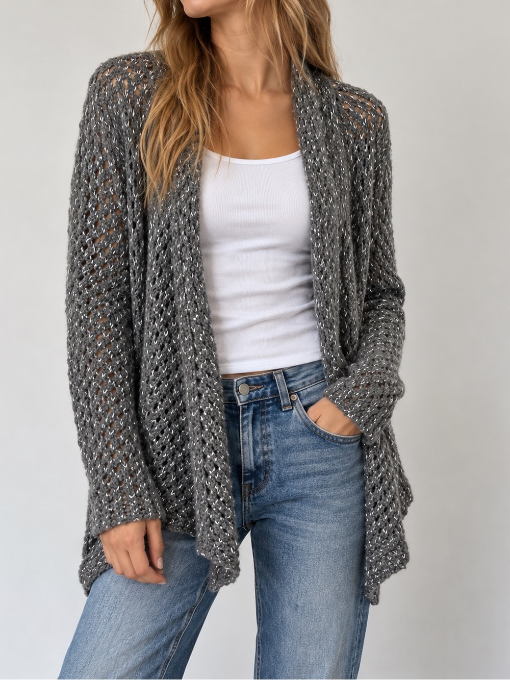 🏹MAKE OFFER🏹 Eileen Fisher Gray Open Cardigan Wool Alpaca Sweater Cardigan MED